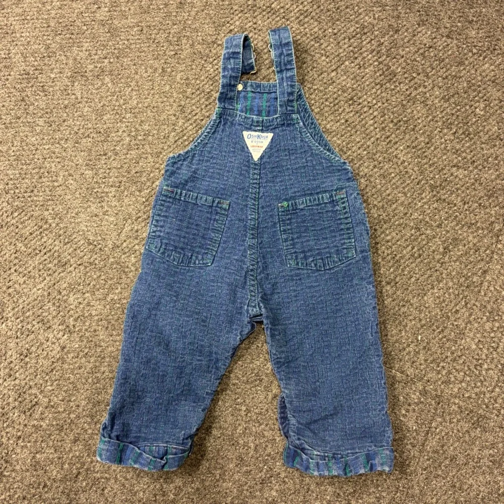 Vtg OshKosh Bgosh Vestbak Overalls 12M Blue Denim Green Dash Made in USA